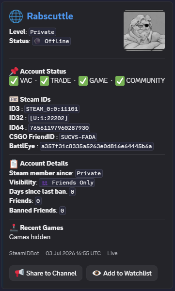 SteamIDBot /id command — Steam profile lookup in Discord showing Gabe Newell's profile