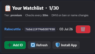 Watchlist — Ban & Name Alerts command preview